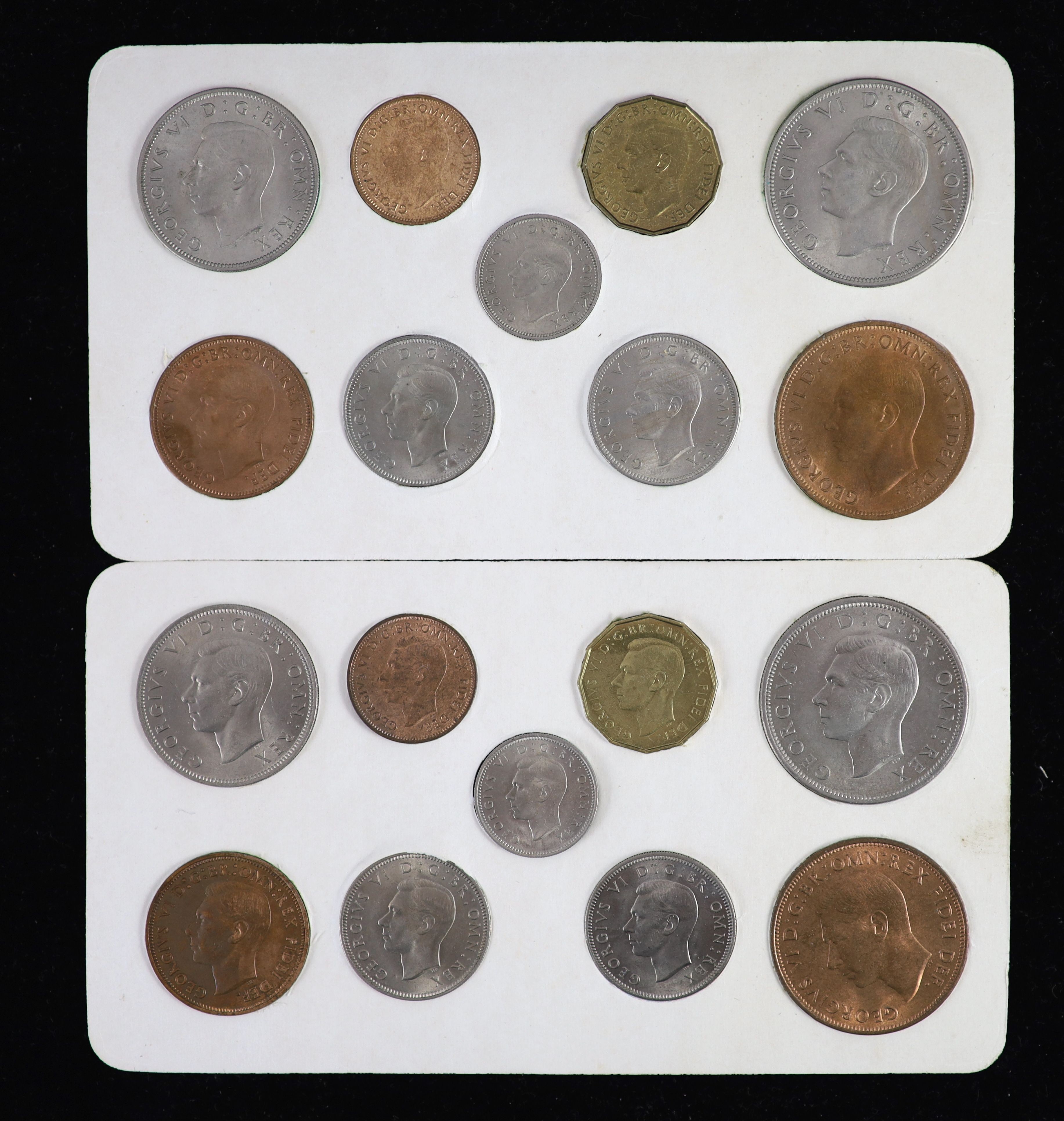 George VI specimen coin sets for 1950 and 1951, second issue, including 1950 threepence, aUNC, 1951 threepence and penny, both EF